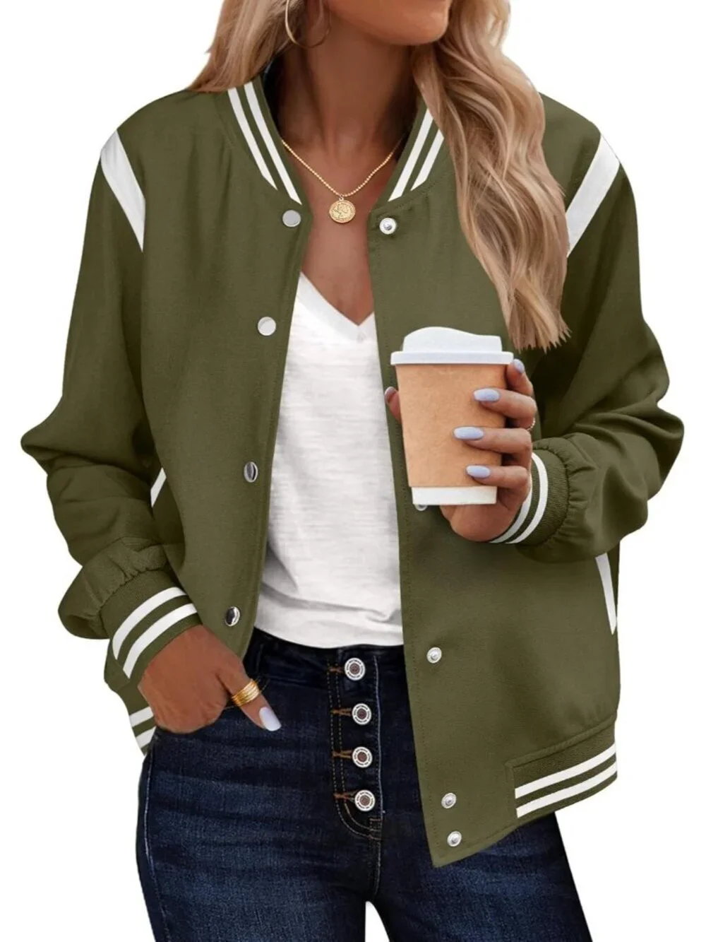 Women's Varsity Casual Button Down Spring Short Outfits with Pockets Army Green